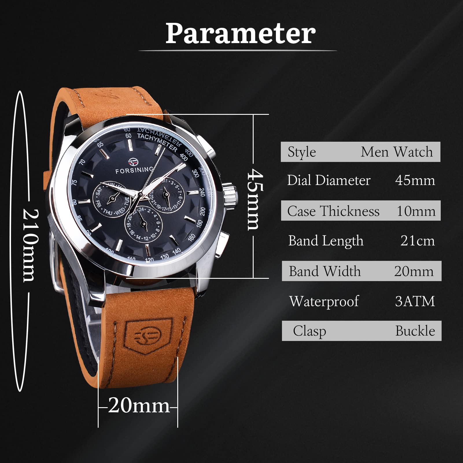 FORSINING Orologio da polso meccanico da uomo automatico a carica automatica orologio militare cinturino in vera pelle impermeabile luminoso casual business