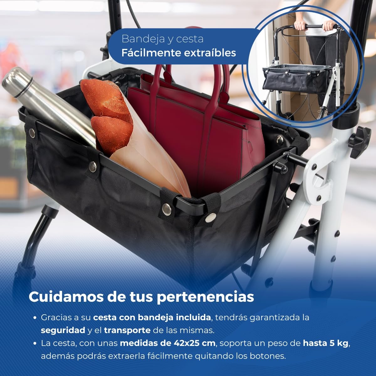Mobiclinic®, Andador adulto, Estrecho, Olimpo, Aluminio, Plegable, Moderno, Con bolsa, Monomando, Regulable, Sistema subebordillos, Bandeja, Ruedas giratorias, Freno manual, Fácil manejo