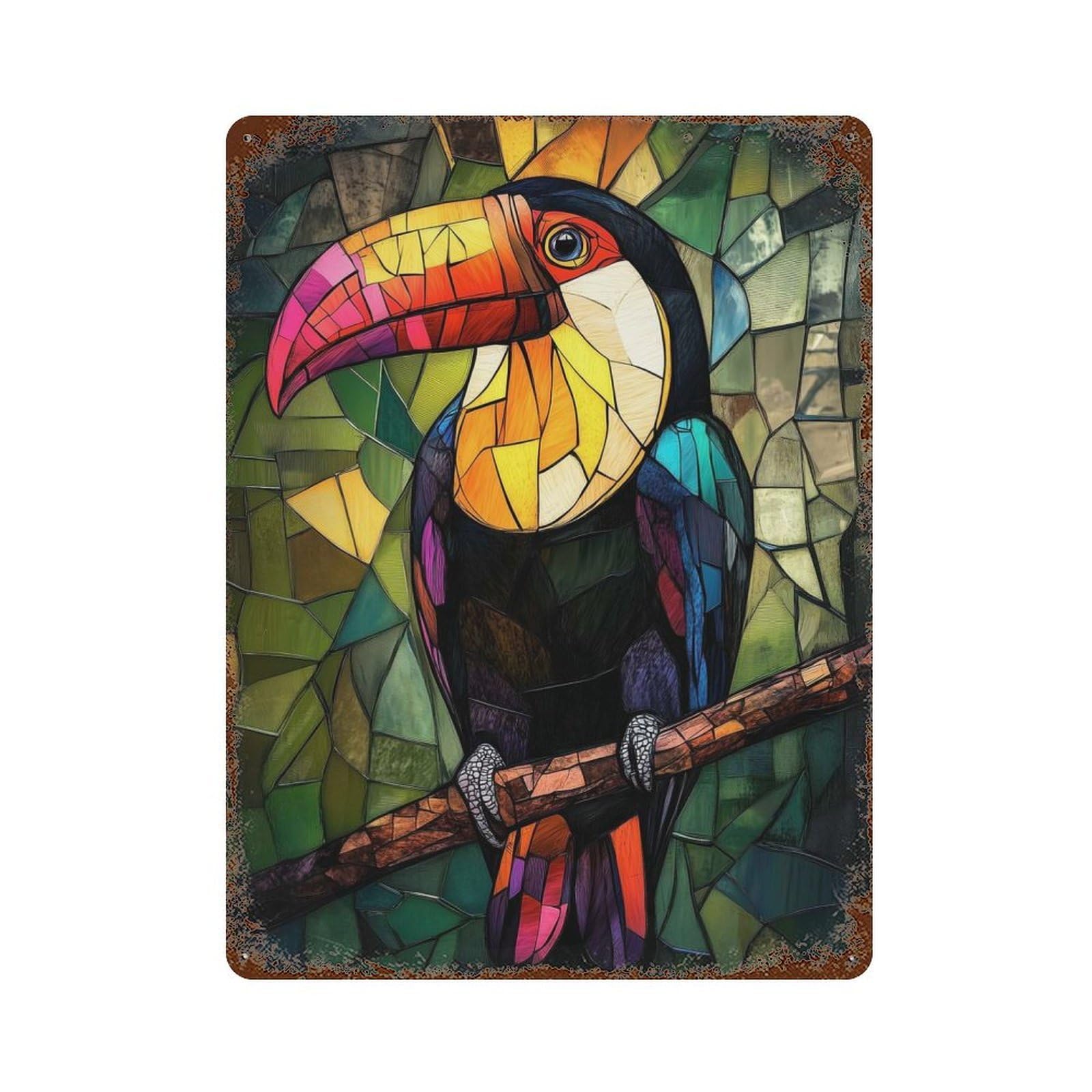 Stained Glass Toucan Rust Effect Tin Sign 15.7"x11.8", Industrial Home Decor for Bistro, Counter And Cafe Decor