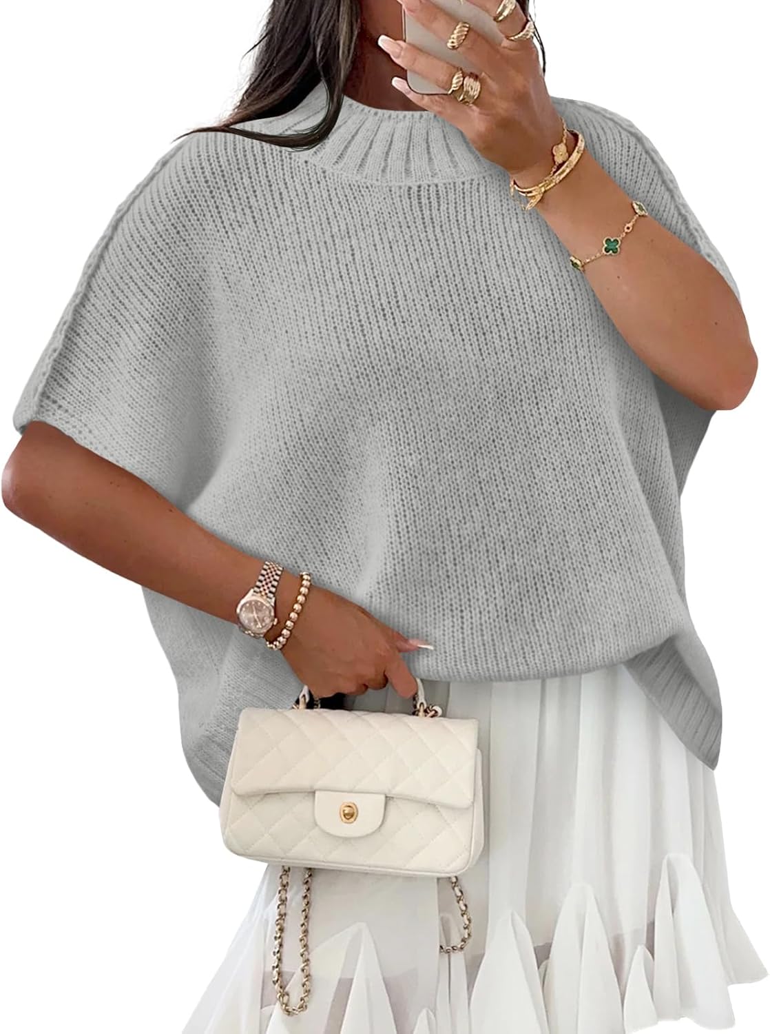 Saodimallsu Womens Oversized Sweater Tops Summer Lightweight Batwing Half Sleeve Casual Loose Knit Pullover Shirts