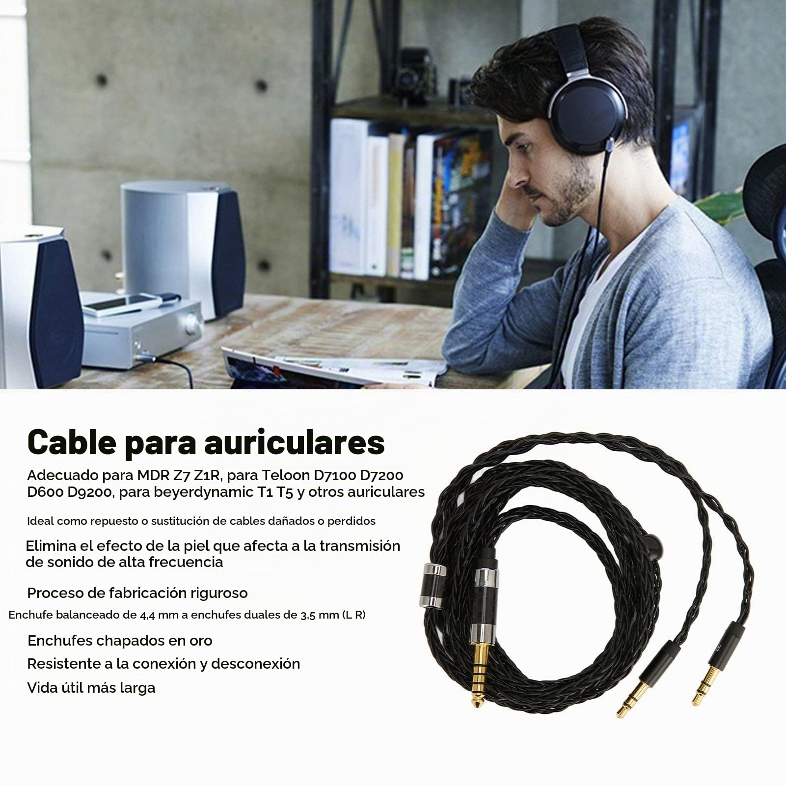 Cable de Audio para Auriculares, 8 Núcleos Equilibrados de 4,4 Mm a Doble Cable de Audio Auxiliar Chapado en Plata de 3,5 Mm para MDR Z7 Z1R, para Teloon D7100 D7200 D600 D9200, para Beyerdynamic T1 T