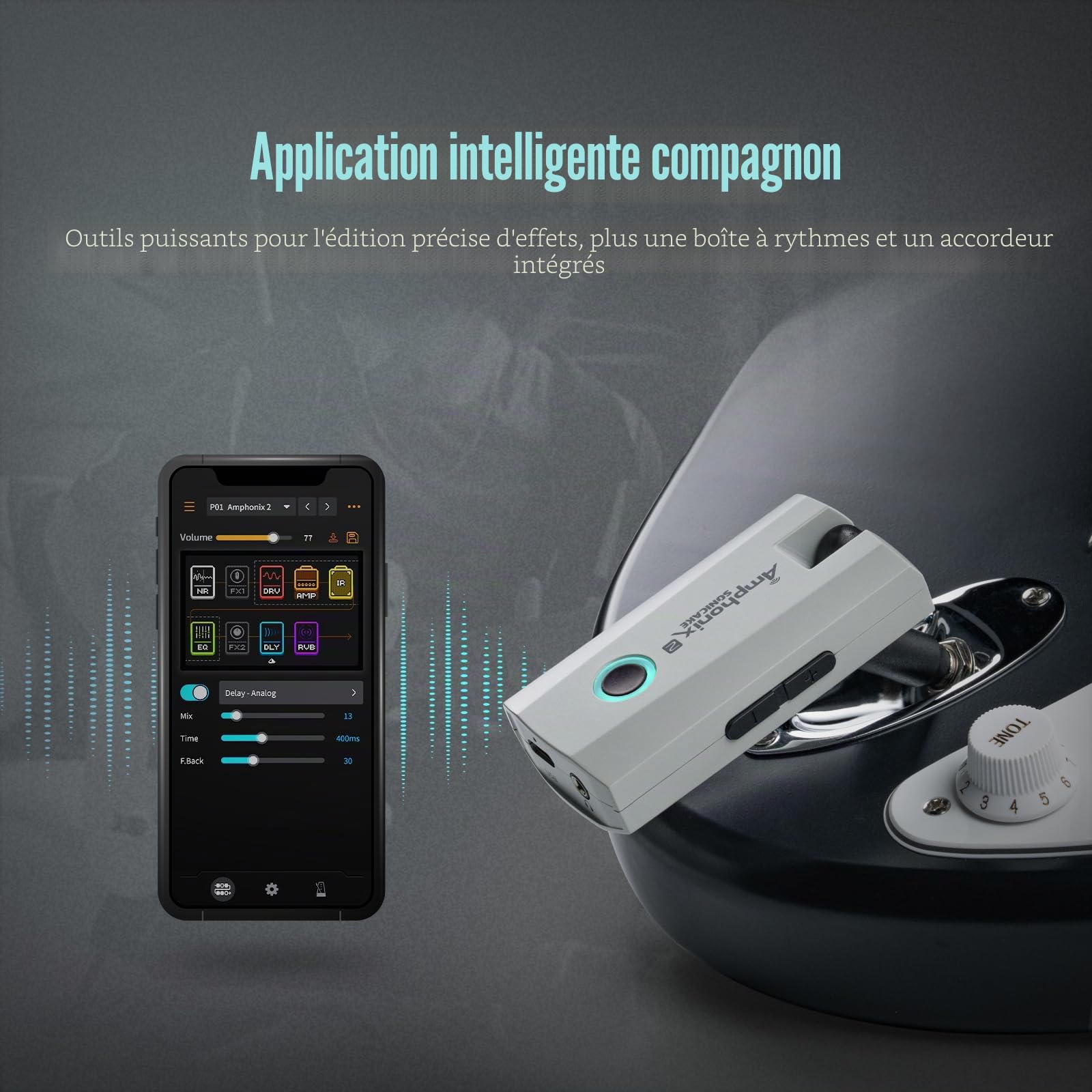 SONICAKE Amplificateur Casque Guitare 50 Préréglages Usine, 9 Modules d'Effets, BT, Contrôle par App, Enregistrement Audio USB Amphonix 2 QAP-50