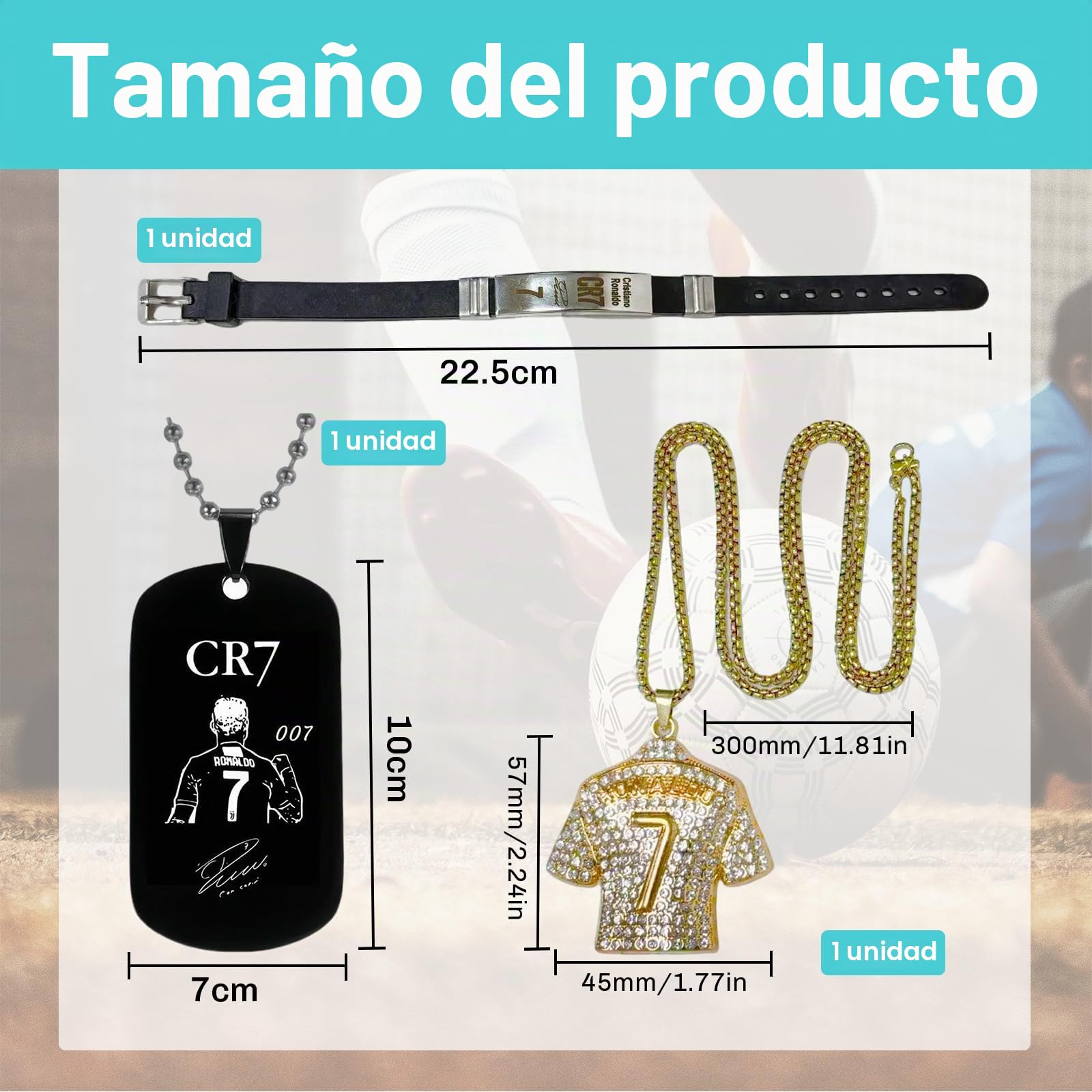 Juego de accesorios de fútbol de 3 piezas con pulsera CR7 negra y 3D dorada, emblema ajustable para aficionados al fútbol y jugadores, pulsera de fútbol, camiseta de fútbol, collar de 7 cadenas de