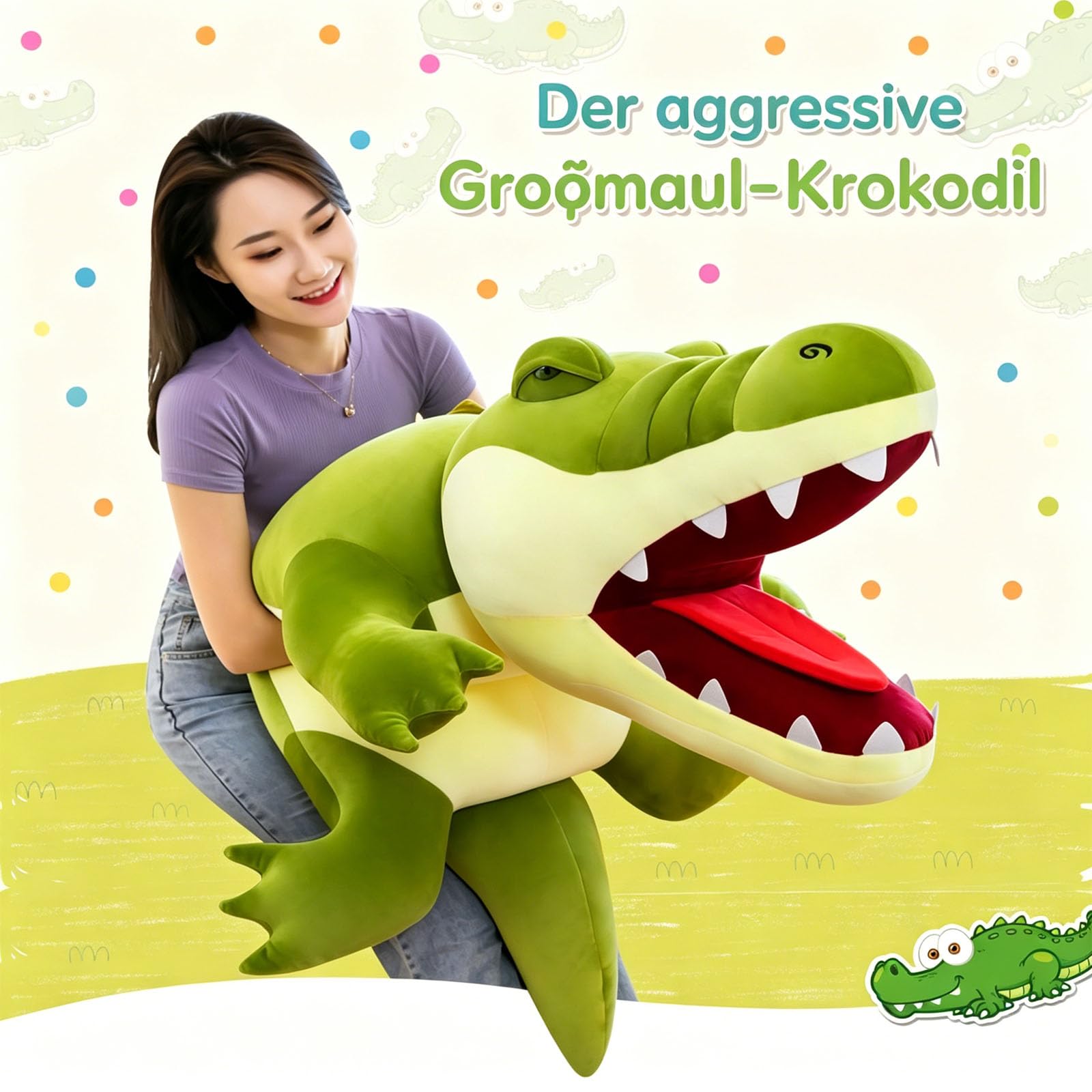 Riesen Krokodil Kuscheltier XXL, groß Grün Krokodil Stofftier Plüschtier mit offenem Maul, Krokodilkissen Plüschtier, Lustige Alligatoren-Plüschtiere Geschenk für Jungen und Mädchen (120cm,Grün)