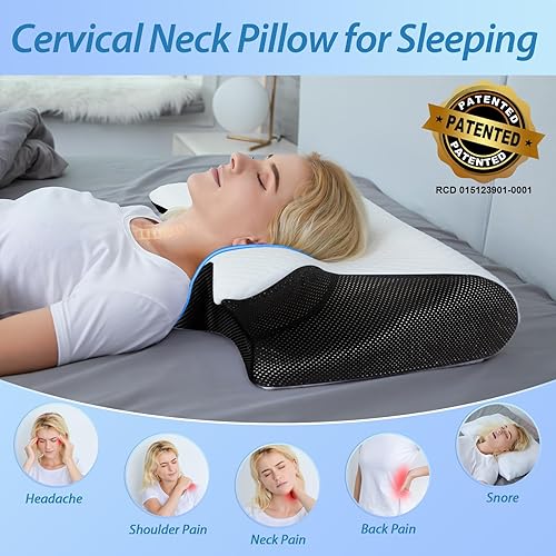 HOMCA Neck Pillow, 2 in 1 Ergonomic Memory Foam Orthopedic Cushion Pillow for Head/Neck/Shoulder Support, Relaxation and Stress Relief, 60 x 40 x 11/13 cm, Black - 4