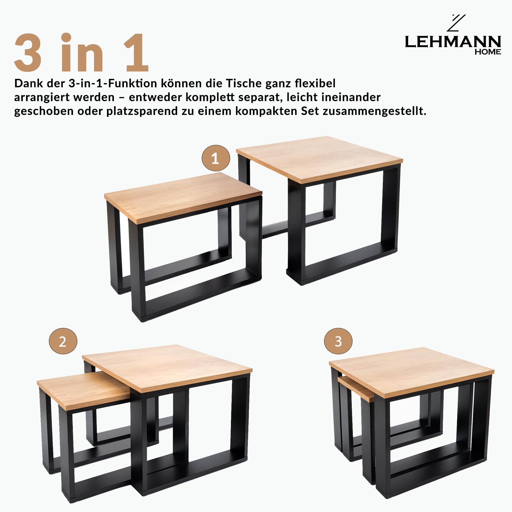 LEHMANN Wohnzimmertisch Holz, Couchtisch 2er Set in 2 Größen, Beistelltisch Holz, Wohnzimmer Tisch für Couch mit Schwarzem Gestell und Holzplatte, beistelltische fürs Wohnzimmer Set, Simple modern