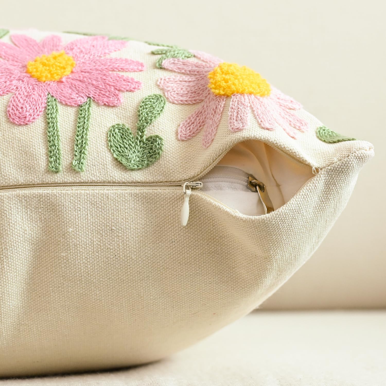 AVOIN colorlife Spring Floral Embroidered Throw Pillow Covers, 18 x 18 Inch Butterfly Flowers Tufted Patterned Linen Decoration Cushion Case for Sofa Couch Set of 2