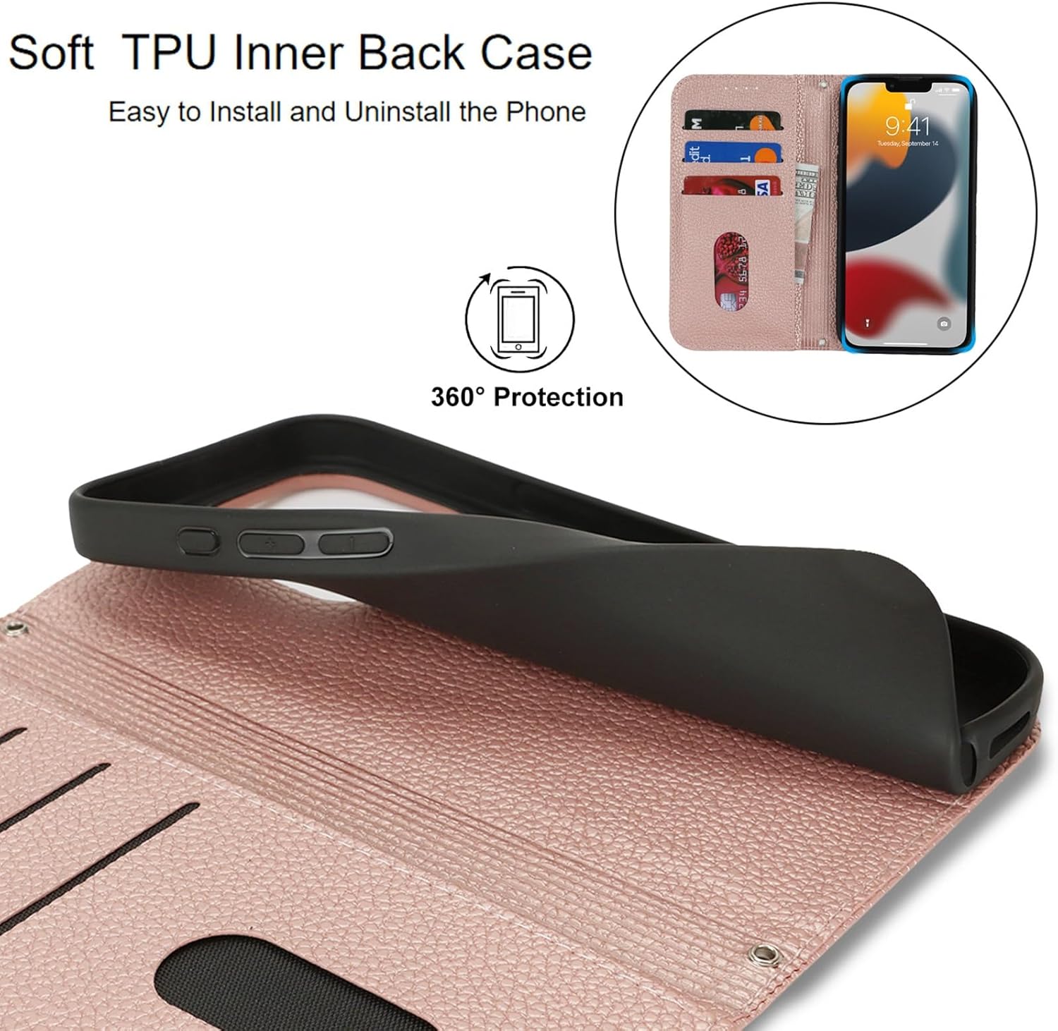 Jaorty for iPhone 13 Pro Max 5G Phone Case Wallet with Wrist Strap,Wallet Case for iPhone 12 Pro Max with Card Holder for Women,Cash Pocket PU Leather Magnetic with Kickstand,6.7" Lichi Rose Gold - Image 3