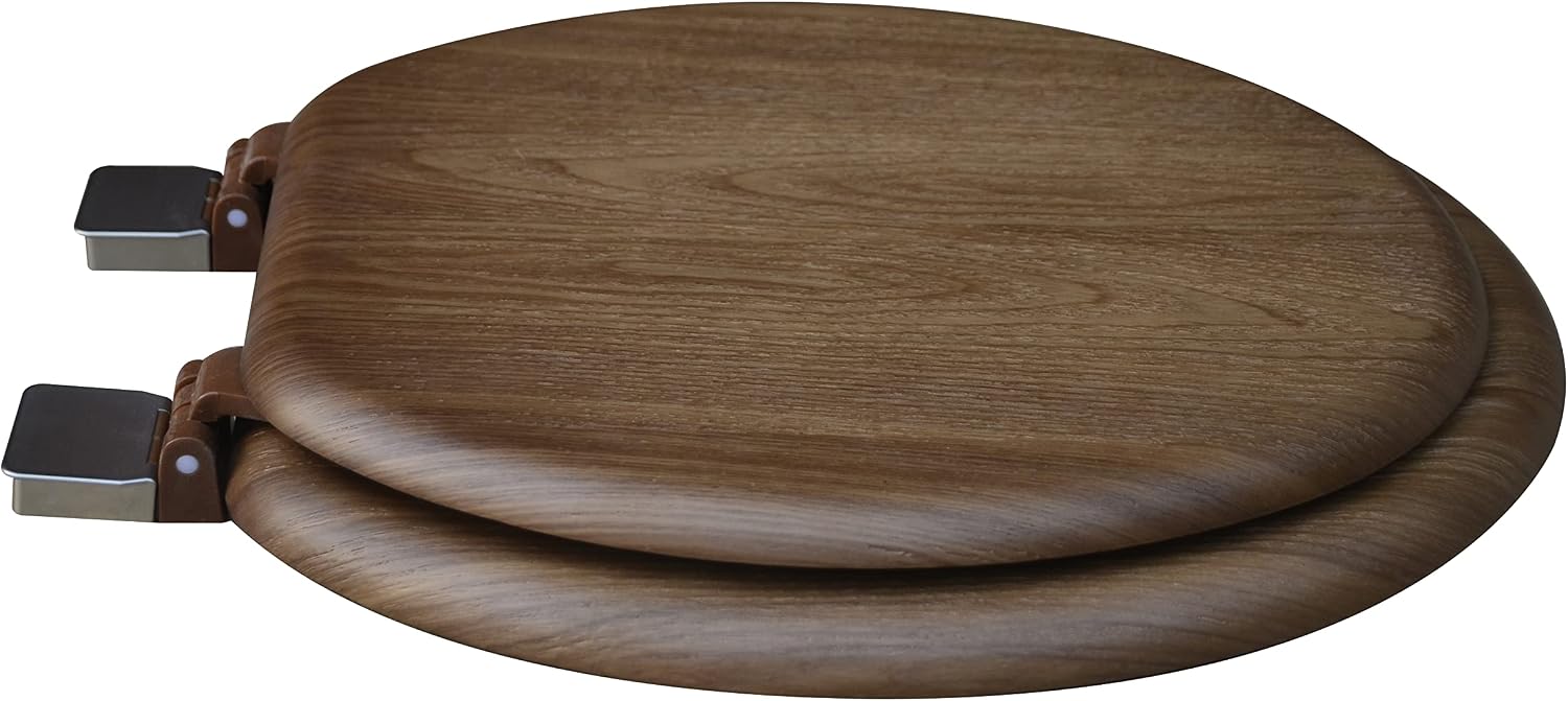 5Q1R1-18BN Natural Wood Toilet Seat with Decorative Finish includes Vari-Adjust Lok-Down R'N'C Hinge, Round, Dark Brown with Brushed Nickel