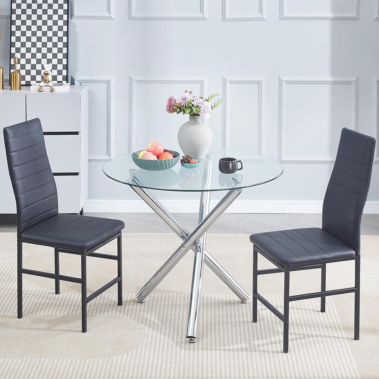 paonne Round Dining Table Set for 4, Glass Round Kitchen Table and ...