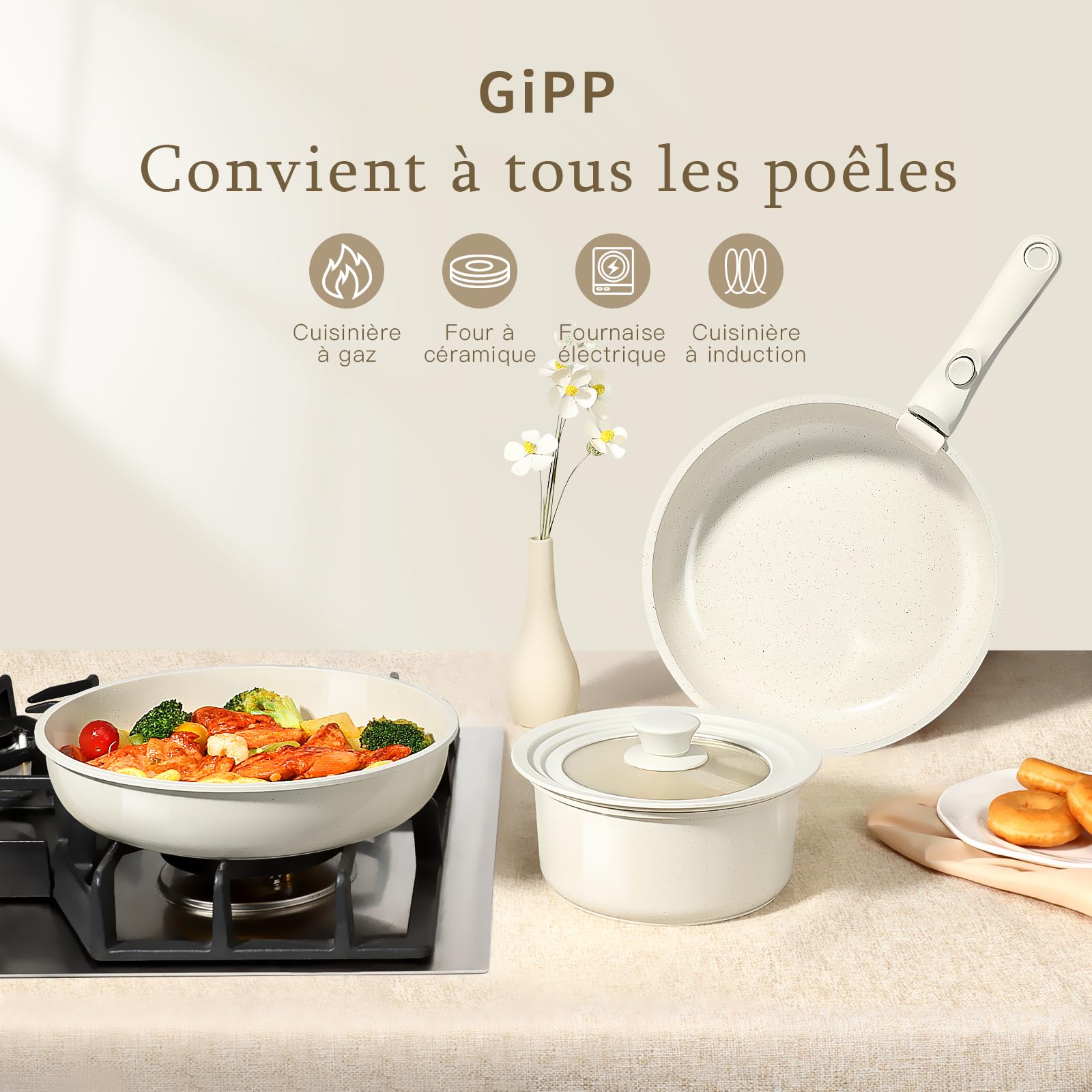 GiPP Batteries de Cuisine avec Poignée Amovible 15PCS, Sets de Poêles et Casseroles avec Revêtement Antiadhésif en Granit, Adapté au Camping, Résistantes au Four, Compatible Tous Feux, Blanc