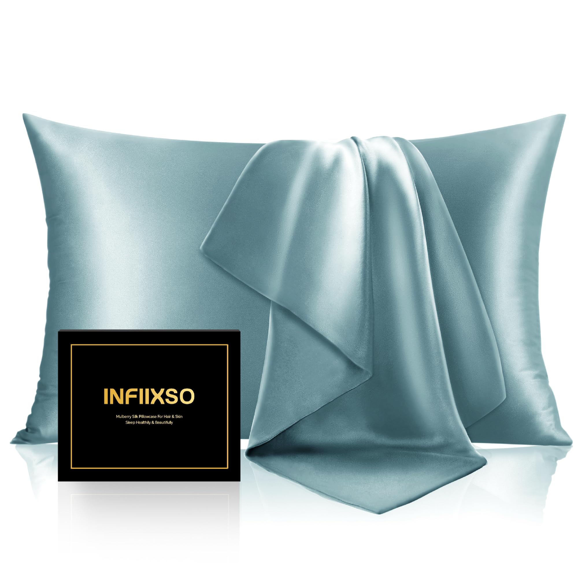 INFIIXSO Mulberry Silk Pillowcase for Hair and Skin, Silk Pillow Cases Queen Size with Hidden Zipper 20x30 Inches, Super Smooth and Soft Cooling Pillow Cases for Hot Sleepers(Haze Blue, 1 Pack)