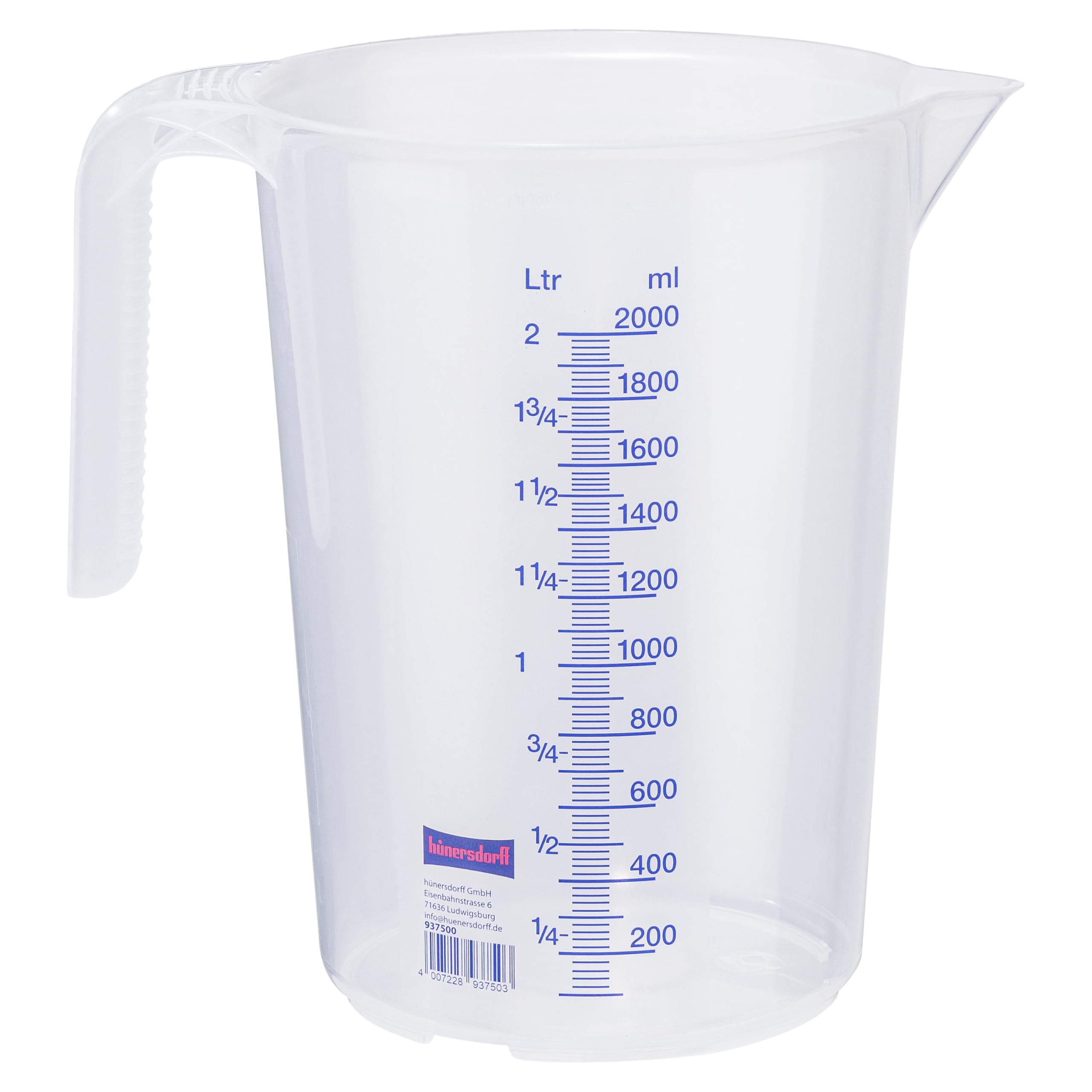 Graduated can 2,000 ml, PP, with 2 Scales Closed Handle, Transparent and Stackable