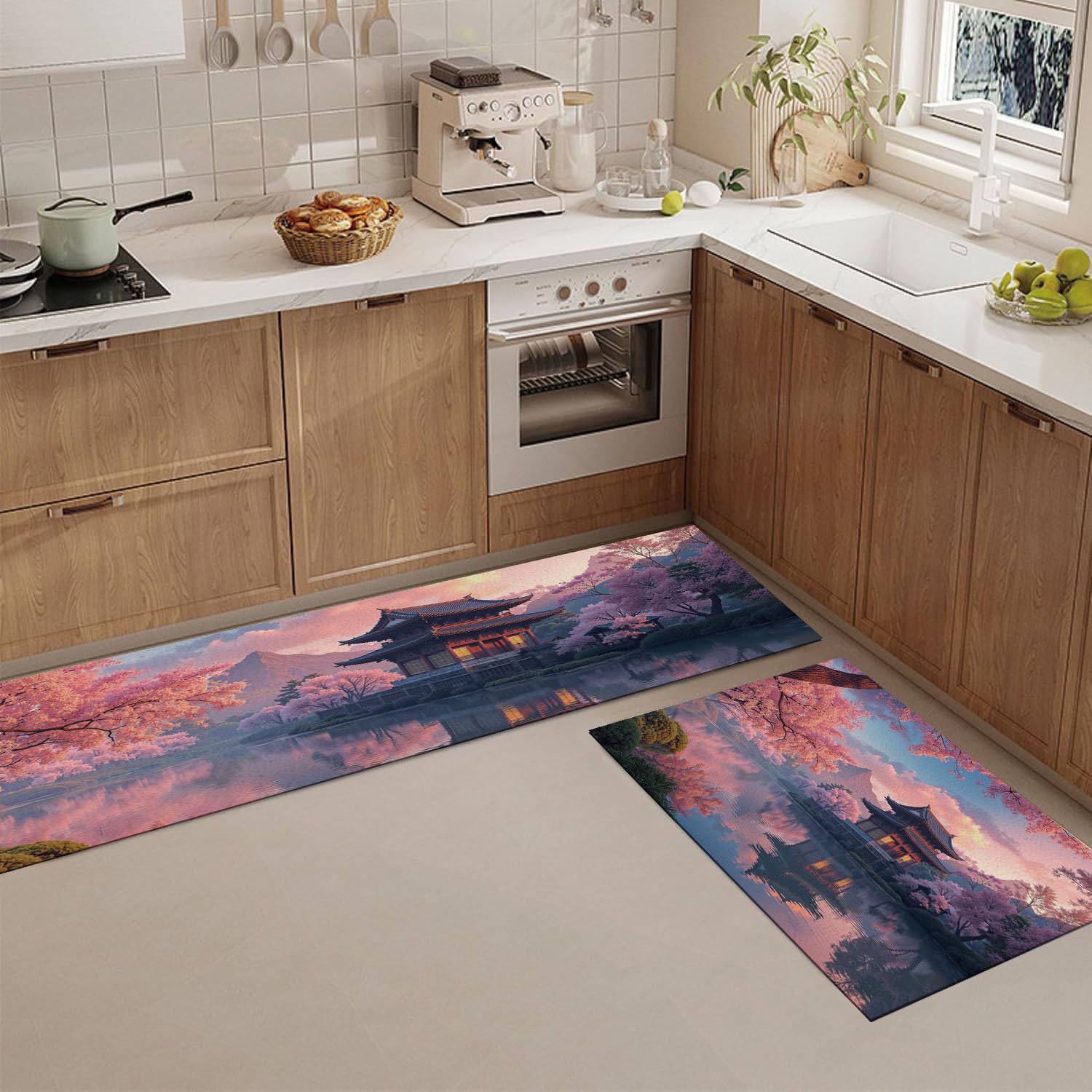 Acquerello Giapponese Set di Tappetini da Cucina Antiscivolo in 2 Pezzi, Tappetini Tempio Dei Ciliegi In Fiore Lavabili per Corridoio Sala da Pranzo e Ingresso, 50x80+50x150cm
