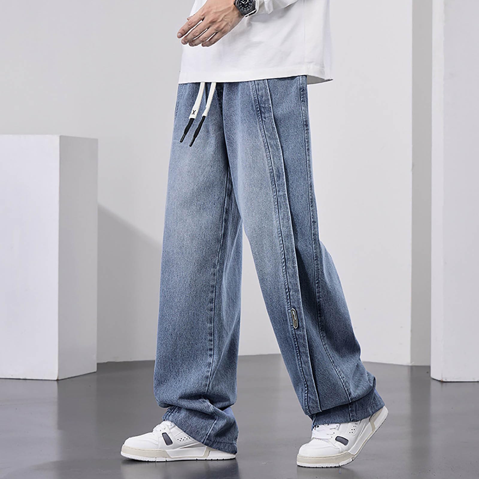 Générique Dżinsy męskie, luźne, styl retro, szerokie nogawki, mikro-stretch, ze ściągaczem, na wiosnę i jesień