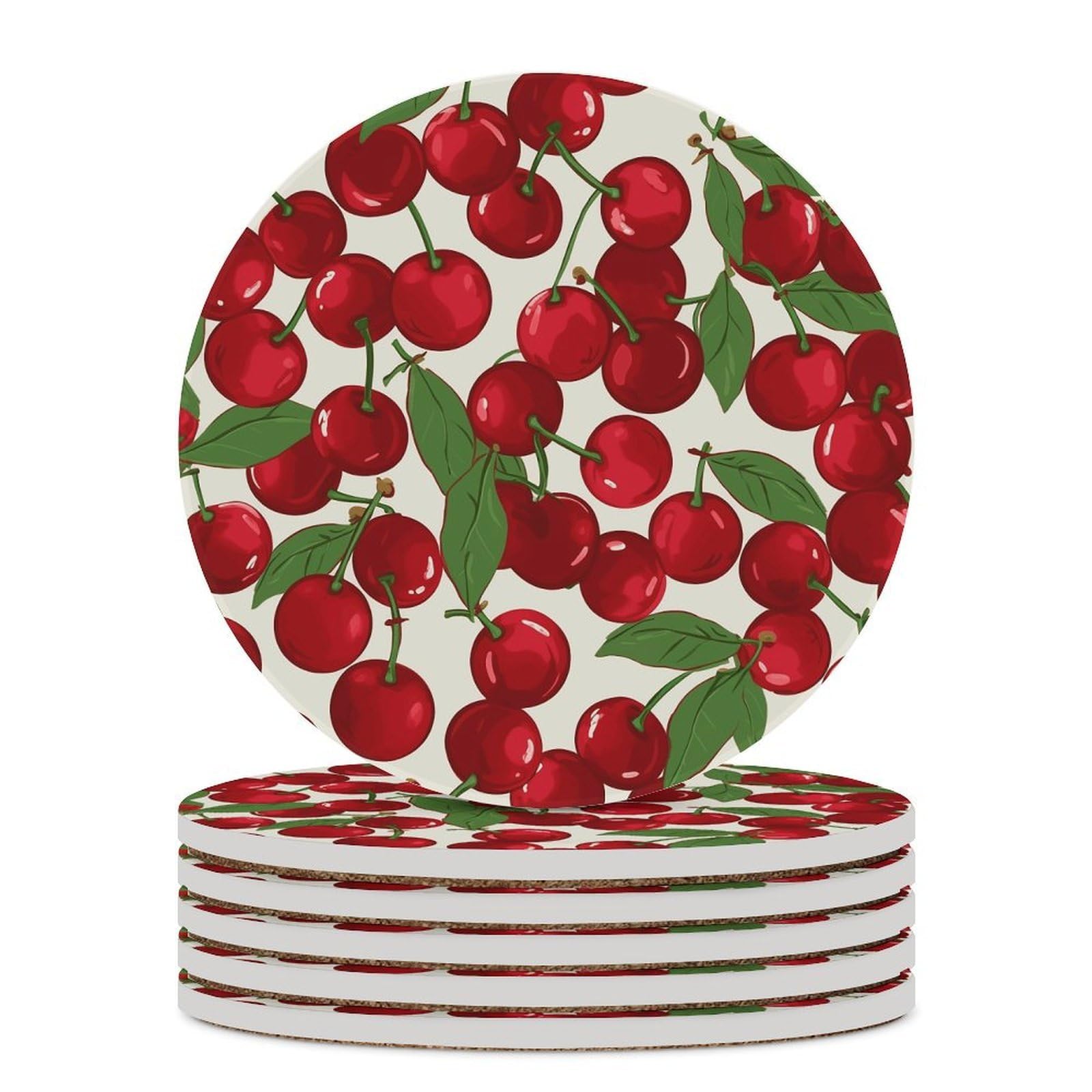 Dessous de verre en forme de cerises rouges avec support pour table basse, dessous de verre en céramique avec base en liège, dessous de verre en céramique pour boissons froides ou chaudes, 10,4 cm