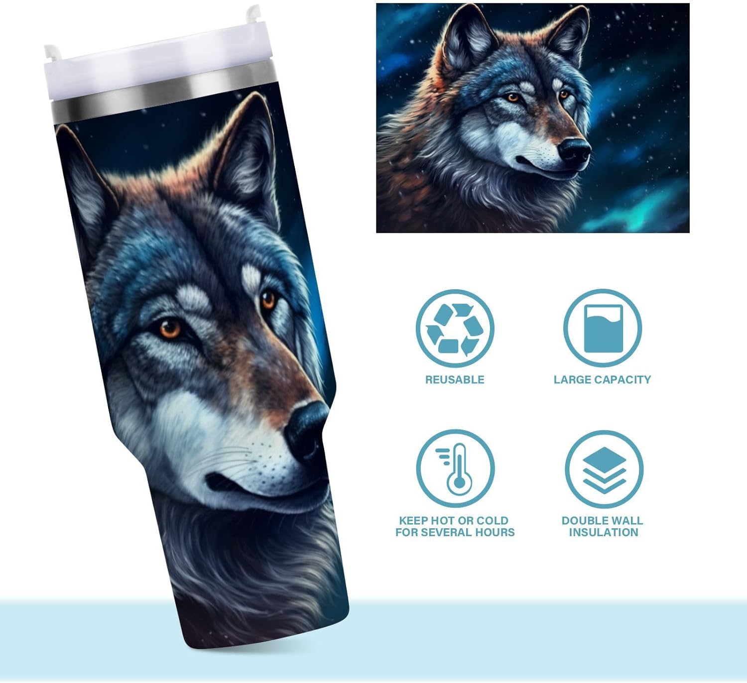 YETTASBIN Wolf 40 oz Tumbler with Handle, Stainless Steel Vacuum Insulated Sports Water Bottle, Leak-proof Travel Coffee Mug Cup with Lid and Straw for Water, Iced Tea or Coffee - Image 8