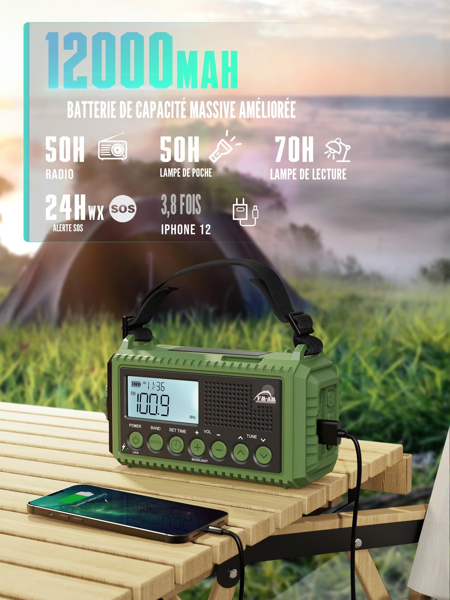 Radio Solaire FM/AM Portable 12000mAh Batterie Rechargeable d'Urgence avec Manivelle Lampe de Poche Chargeur Téléphone Alarme SOS