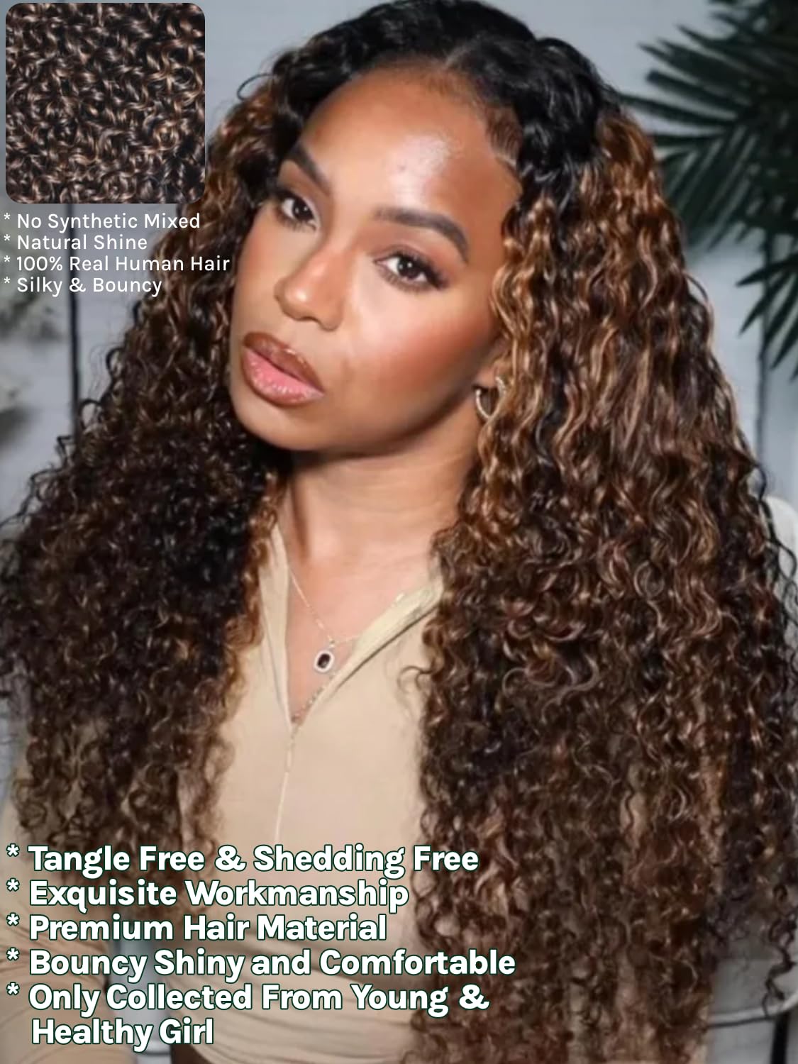 KLAIYI Ombre Brown Curly Bundles Human Hair Weaves Highlight Balayage Brown Kinky Curly 3 Bundles of 12 14 16Inch Brazilian Virgin Hair Extensions with Dark Roots Brown Mix Blonde Human Hair for Women