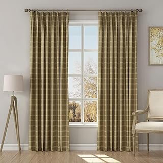 TWOPAGES Stefana Silber x Pinch Pleat Drapery, Buffalo Plaid Taupe Khaki Print Linen Curtain Drape for Living Room Light Filtering Curtain for Patio Door, 50 W x 96 L Inch, 1 Panel Double Windowpane