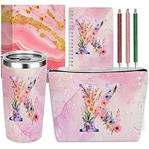 Personalized Gifts Monogrammed Birthday Gifts for Women, Soul Sister Bachelorette Party Wedding Christmas Initial 20 oz Tumbler, Makeup Bag Cup Pens Journal Notebook 6 Set, (Aesthetic Pink Flower K)