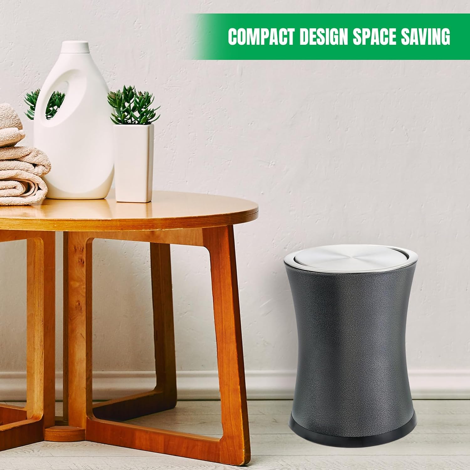 Bennett Small Office Trash Can, Swivel-a-Lid Small Wastebasket Metal 'Center-Inset' Design, Modern Home Décor, Round Shape (Gray)