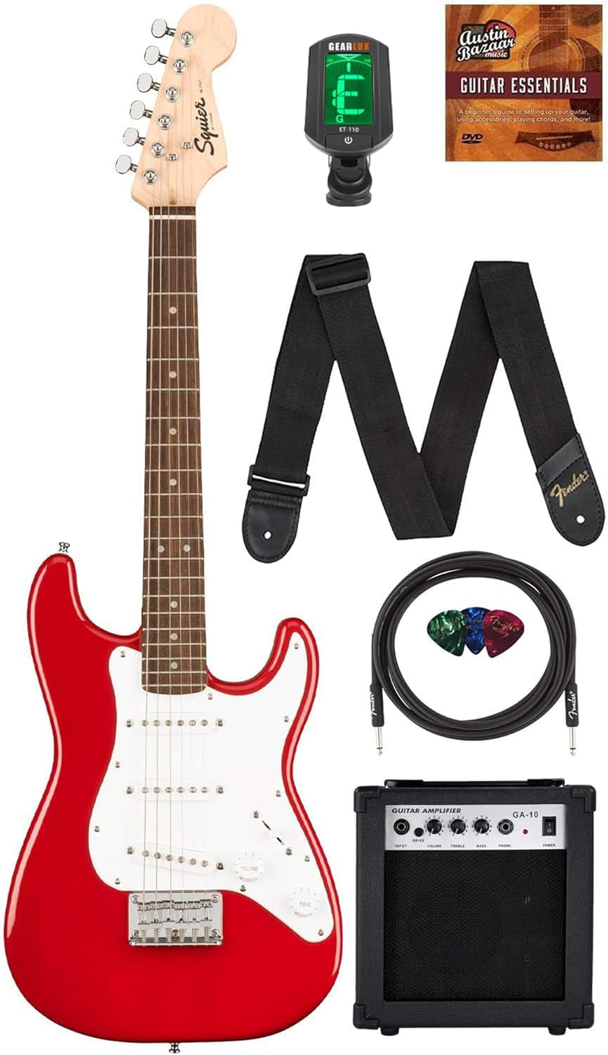 Fender Squier 3/4-Size Kids Mini Strat Electric Guitar - Red Bundle with Amplifier, Instrument Cable, Tuner, Strap, Picks, and Austin Bazaar Instructional DVD
