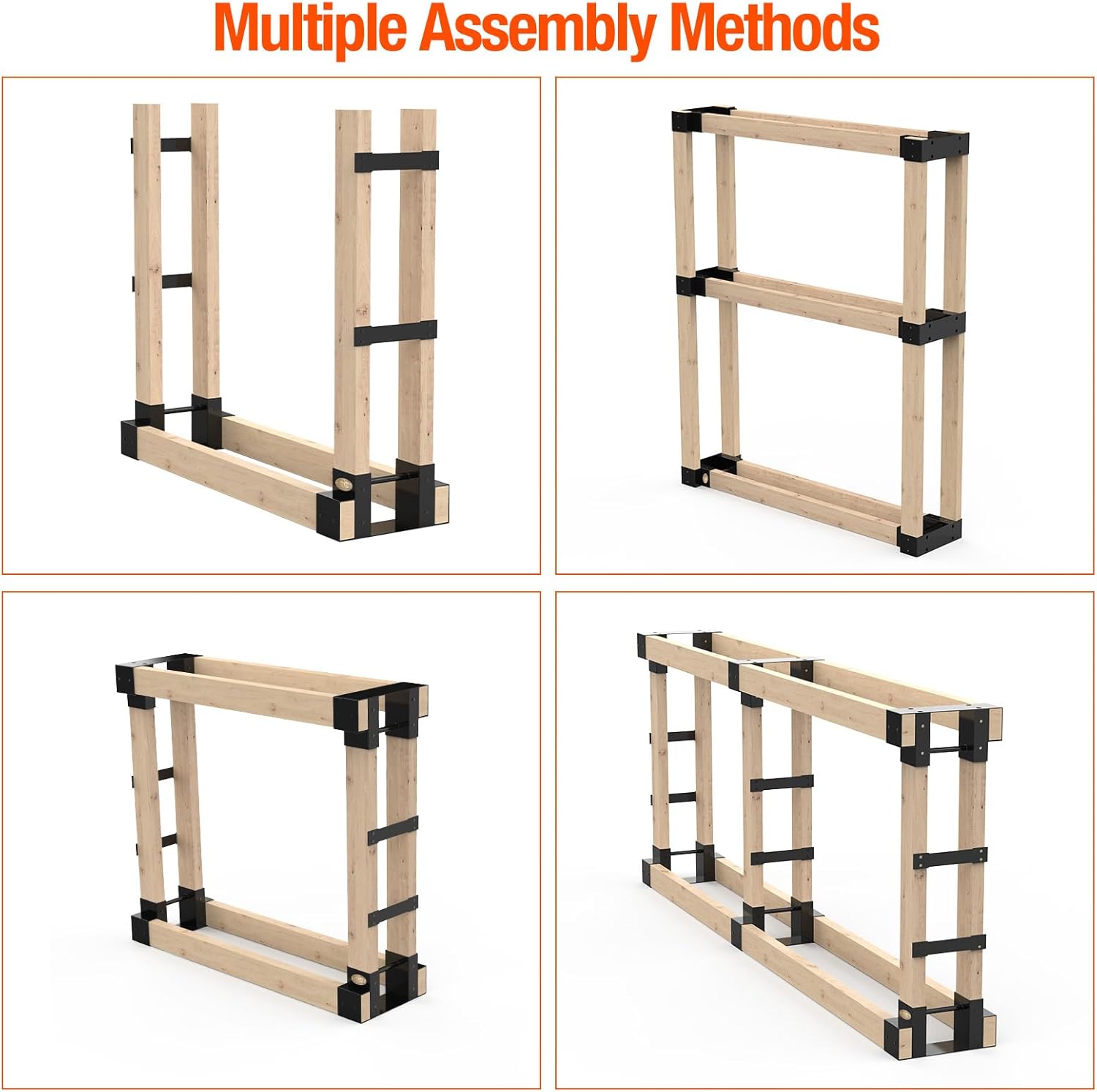 Firewood Rack Outdoor Log Storage Bracket Kit,Heavy Duty Fire Wood Stand Holder-Adjustable to Any Length, Black