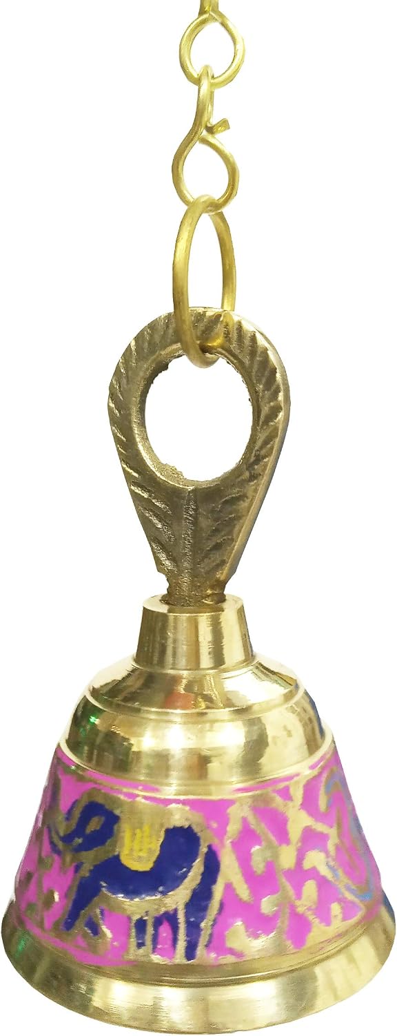 Purpledip Colorful Brass Hanging Bell with Om-Elephant for Home Temple, Door, Hallway, Porch Or Balcony; Unique Decor Gift (12130)