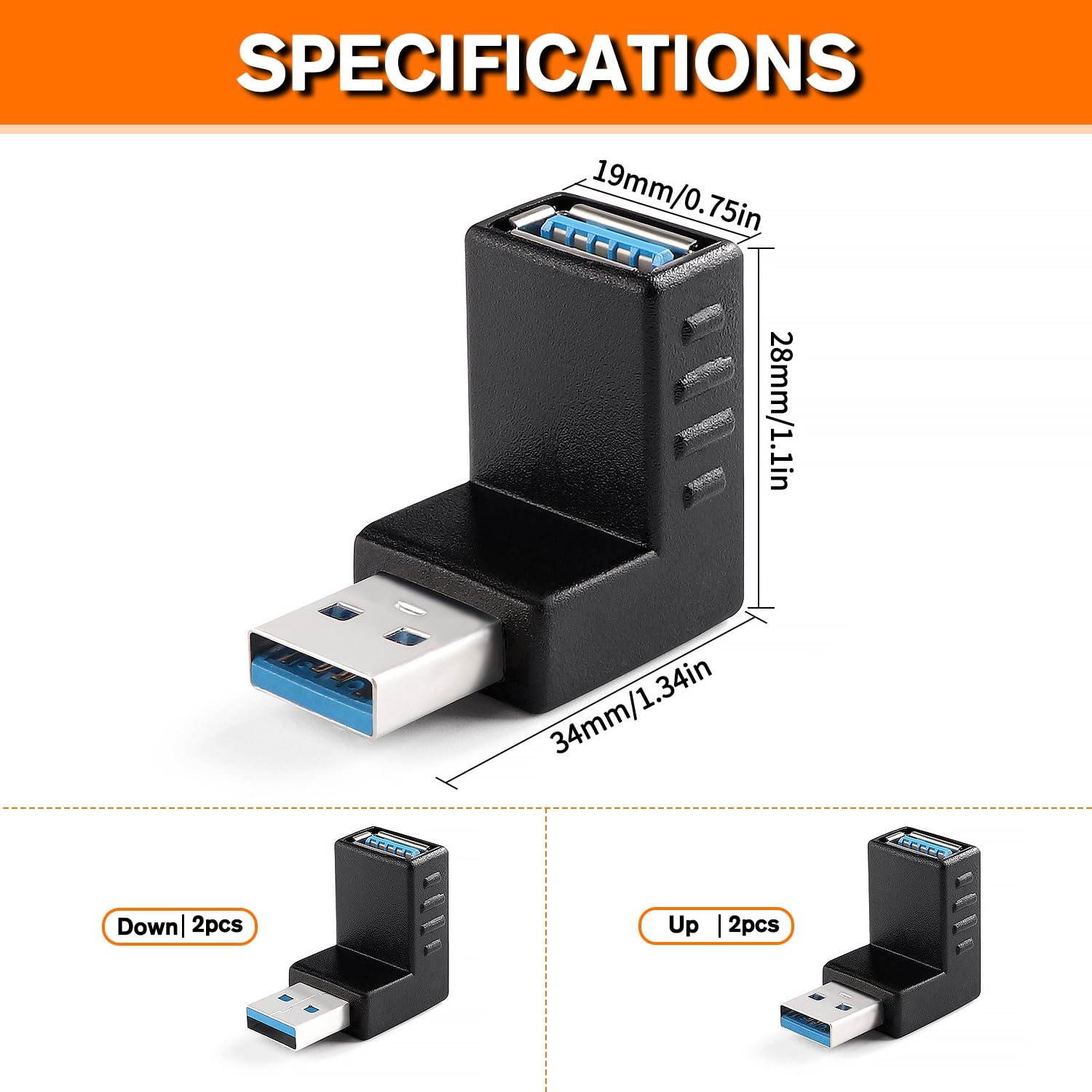 4 Pezzi Adattatore ad Angolo USB 3.0 a 90°, Adattatore USB 3.0 90 Gradi Maschio a Femmina Combo Verticale Verso l'alto e Verso il Basso Connettore, Adattatore Angolare da USB a USB