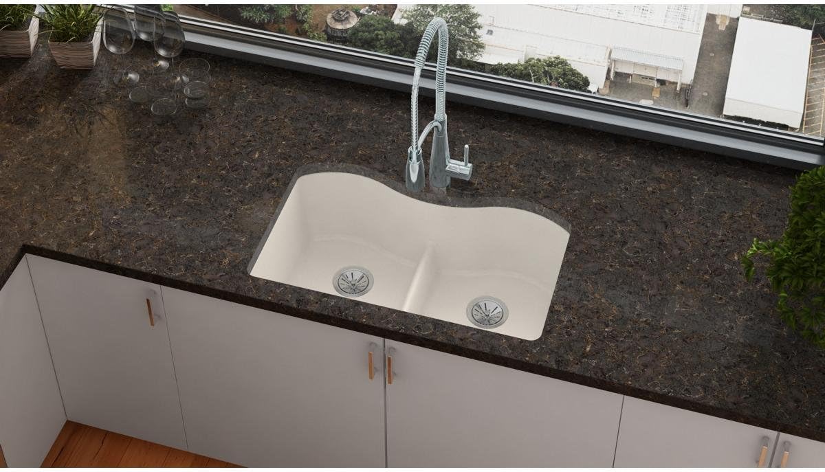 Buy 1 get 1 🔥 Quartz Luxe 33 x 20 Double Bowl Undermount Kitchen Sink Finish: Ricotta