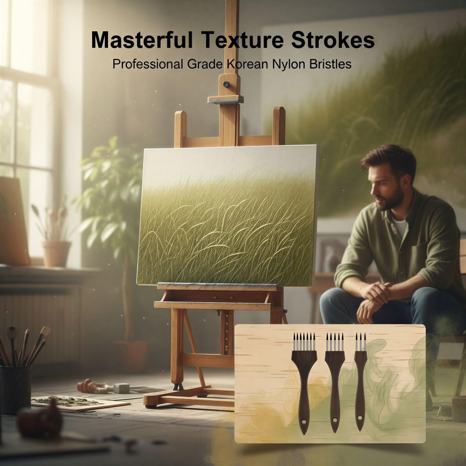 3 STK. Acrylpinsel-Set, Multi-Zahn-Kamm-Pinsel mit Nylonborsten aus Korea und ergonomischem Holzgriff, für Aquarell- und Acrylmalerei, für feine Linien und besondere Texturen