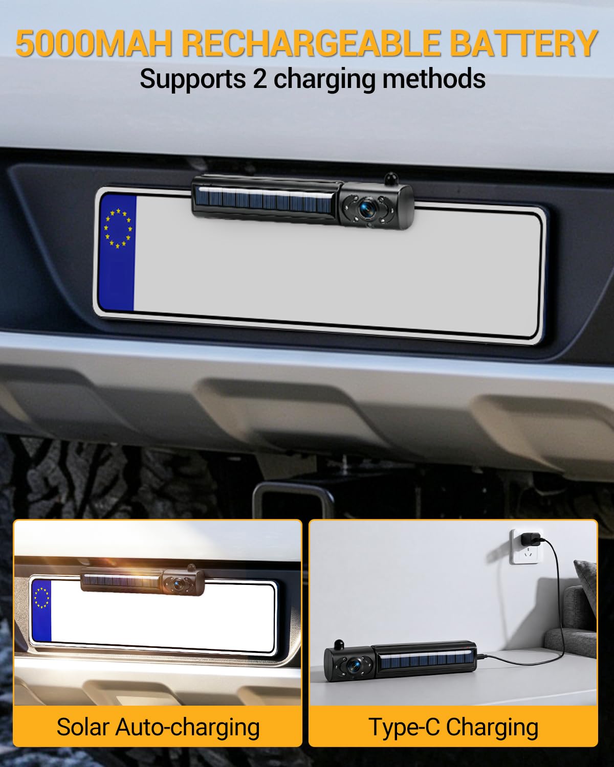 Juego de Cámara de Visión Trasera Inalámbrica Solar de 5 Pulgadas | Con visión nocturna y batería de 5000 mAh para coche camión SUV autocaravana