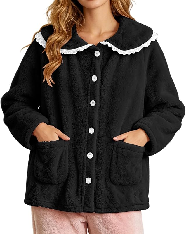 campera de cama de forro polar para mujer con cuello de encaje | Tops de pijama de forro polar suave con cuello de encaje y cierre de botones, hechos para la comodidad en climas fríos, para dormir y para el tiempo de inactividad