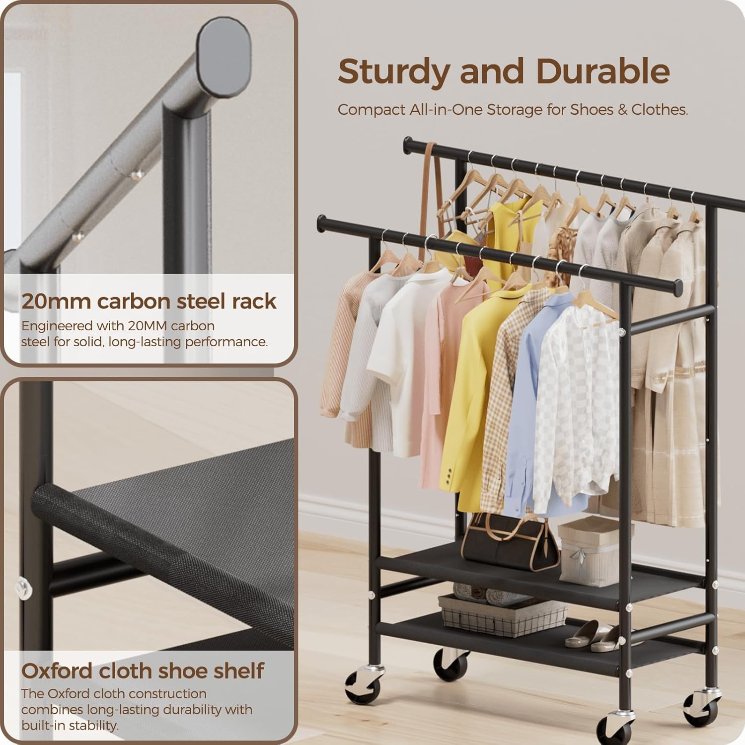 Rolling Clothes Racks, Double Rods Clothing Rack