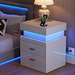 ChooChoo LED Nightstand with Charging Station,Smart Night Stand with Sliding Top Storage, 2-Drawers High Gloss Bedside Table, Modern End Table for Bedroom,Black