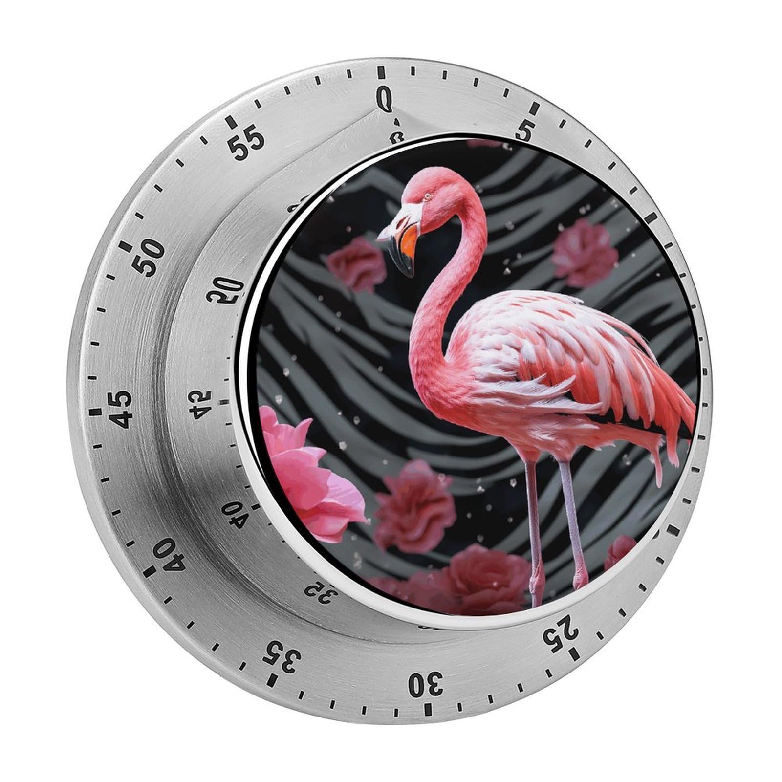 Mechanical Kitchen Timer with Magnetic Back, Stainless Steel Manual Flamingo Printed Timer for Cooking and Time Management
