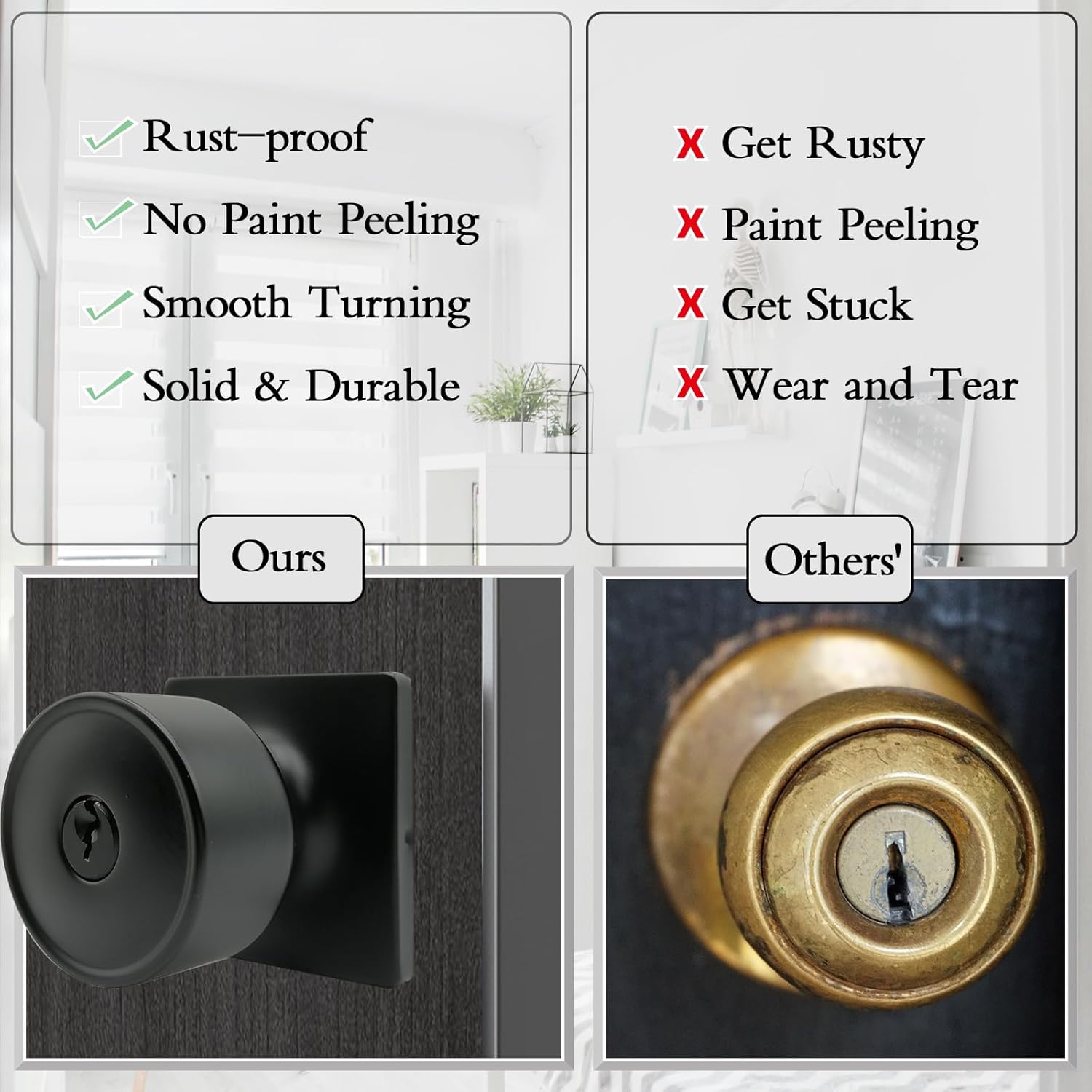 Door Knob Lock with Keys, Matte Black, Interior/Exterior Use for Bedroom or Bathroom, Entry Door Lock
