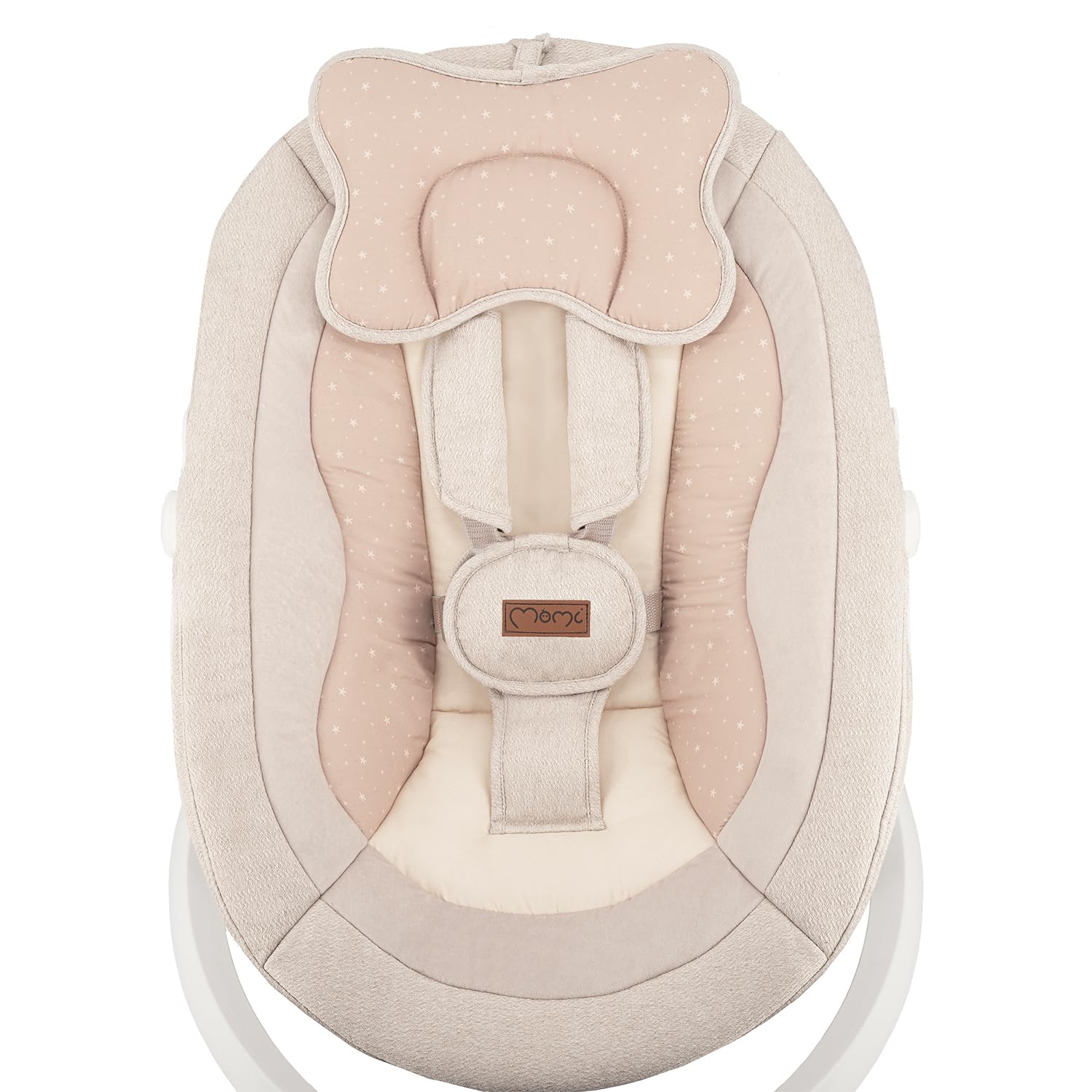 Balancelle MoMi Pearl 9 kg, siège 360°, LED, Bluetooth, télécommande, piles ou secteur, câble USB, harnais 5 points, arche avec jouets