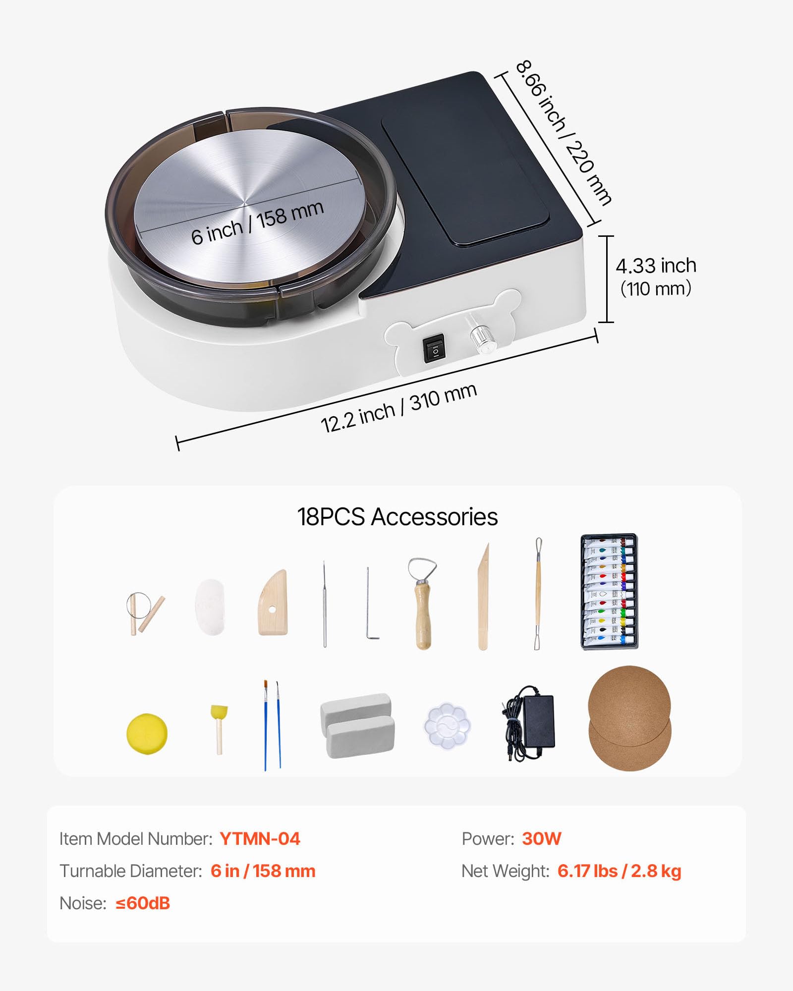 VEVOR Mini Torno de Cerámica, Plato Giratorio de 158 mm Rotación Hacia Adelante/Atrás Velocidad Ajustable, Torno de Arcilla Eléctrico con Herramientas para Moldear Arcilla para Niños Adultos, Blanco