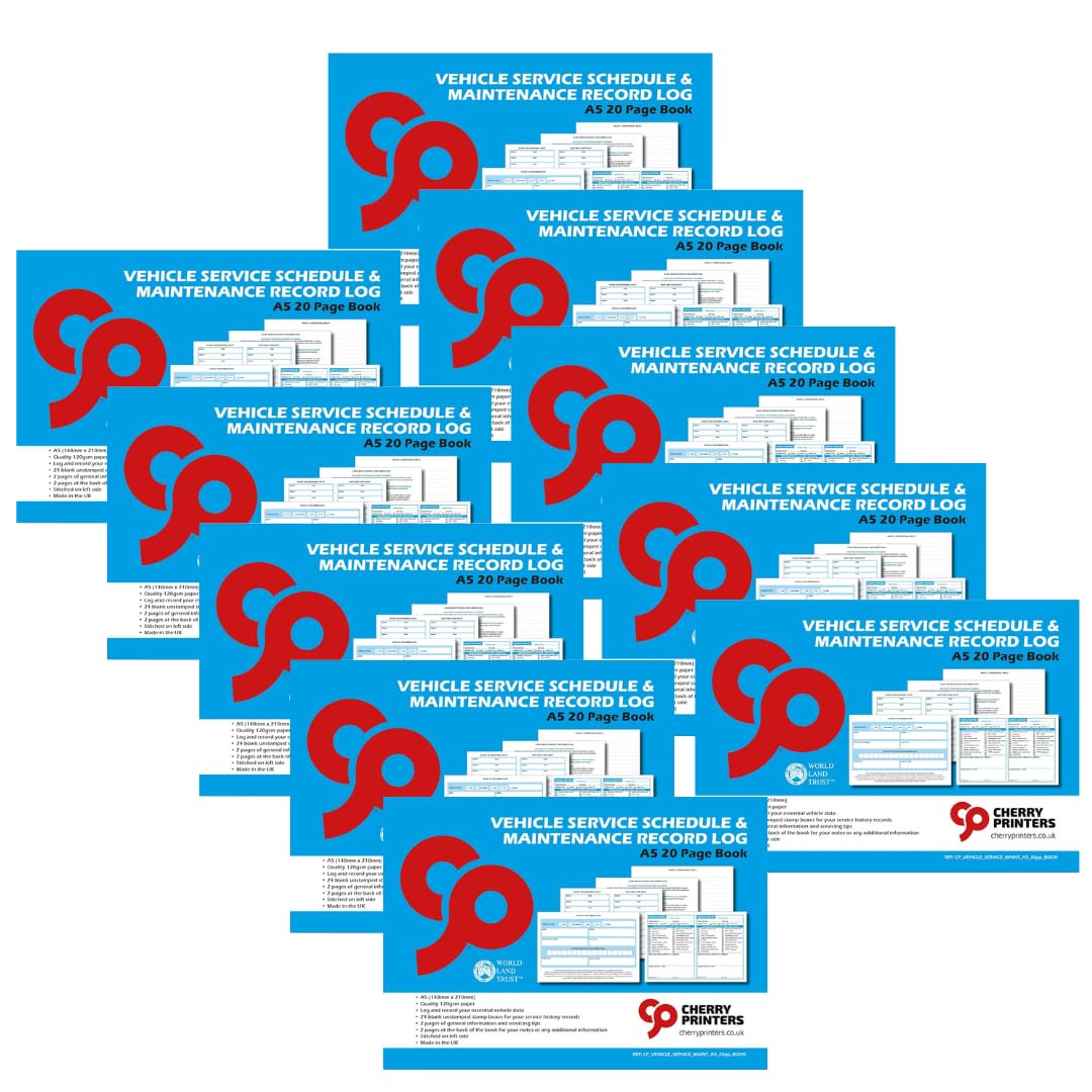 Cherry Printers Vehicle Service Schedule & Maintenance Record Log A5 | 24 Service Stamps | 20 Page Booklet | Maintenance Tips & Notes Pages | Made in UK | for Cars Vans and Motorbikes | 10 Pack
