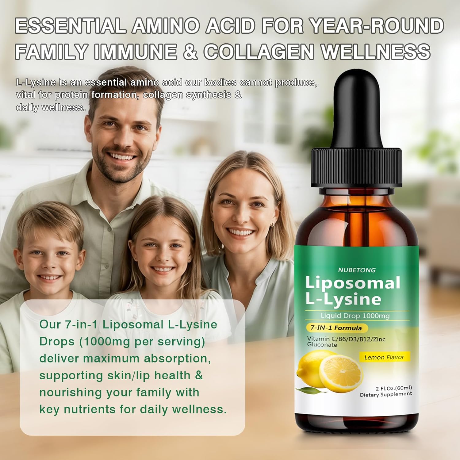 Liposomal L-Lysine Liquid Drops 1000mg – 7-in-1 Lysine Supplement with Vitamin C D3 B6 B12 Zinc & Immune Support Blend, Lemon Flavor, for Lip & Oral Health, Collagen & Immune Support, Vegan, Non-GMO