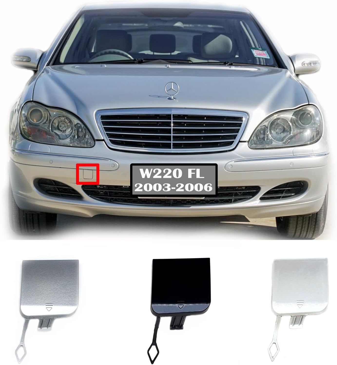 Front Tow Cover for 03-06 Mercedes Benz S Class W220 FL Fit S280 S320 S350 S400 S430 S500 S600 S55 S65 2003 2004 2005 2006 Bumper Towing Hook Eye Cap Black