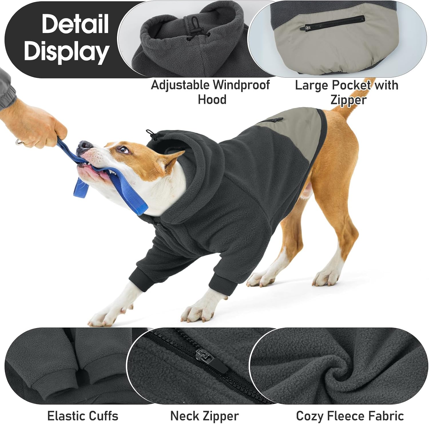 Nanaki Dog Hoodie for Large Dogs-Fleece Sweatshirt with Pocket-Long Sleeves Adjustable Zip Collar-Warm Jacket Boy Girl for Bulldogs, Cold Weather Coats for Christmas Holiday Indoor Outdoor Grey, XL