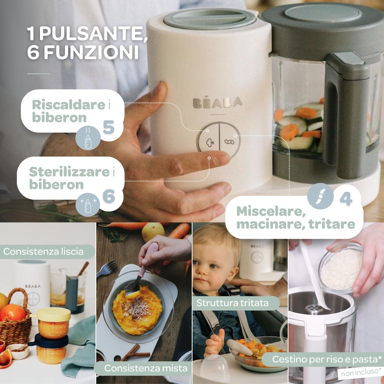 BÉABA Babycook Néo Cuocipappa Omogeneizzatore 6 in 1 Cottura a Vapore Delicata Bicchiere Vetro Acciaio Inox Bianco