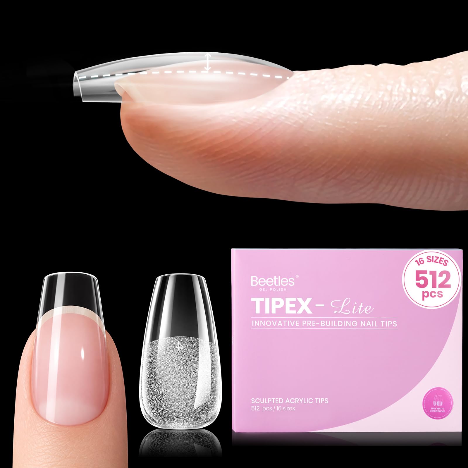 Beetles Gel Polish Beetles Tipex Lite Instant Nail Tips, Short Coffin, 512pcs 16 Sizes(00-14)