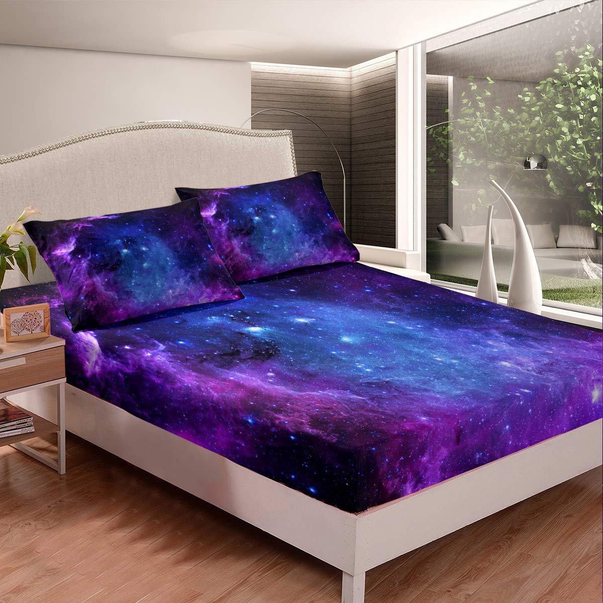 Galaxy Bedding Set Full for Kids Boys Girls Starry Sky Bed Sheet Set Outer Space Universe Cosmos Bed Cover with 2 Pillow Shams Soft Teens Blue Purple Milky Way Fitted Sheet (No Flat Sheet)