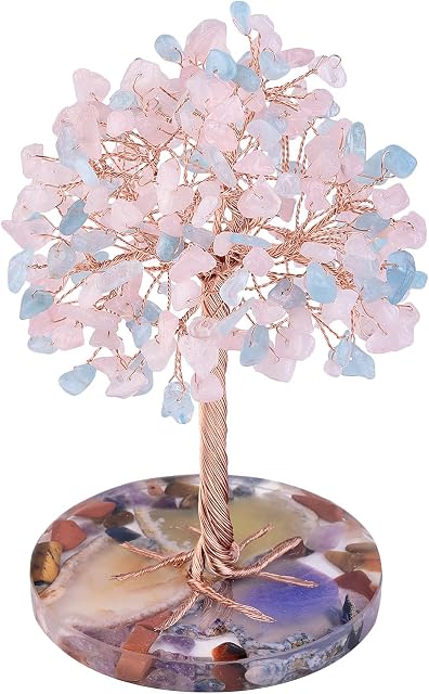 mookaitedecor Natural Aquamarine & Rose Quartz Healing Crystal Money Tree with Resin Agate Slice Stand, Good Luck Stone Bonsai Tree of Life Feng Shui Decoration for Home Office Wealth Luck