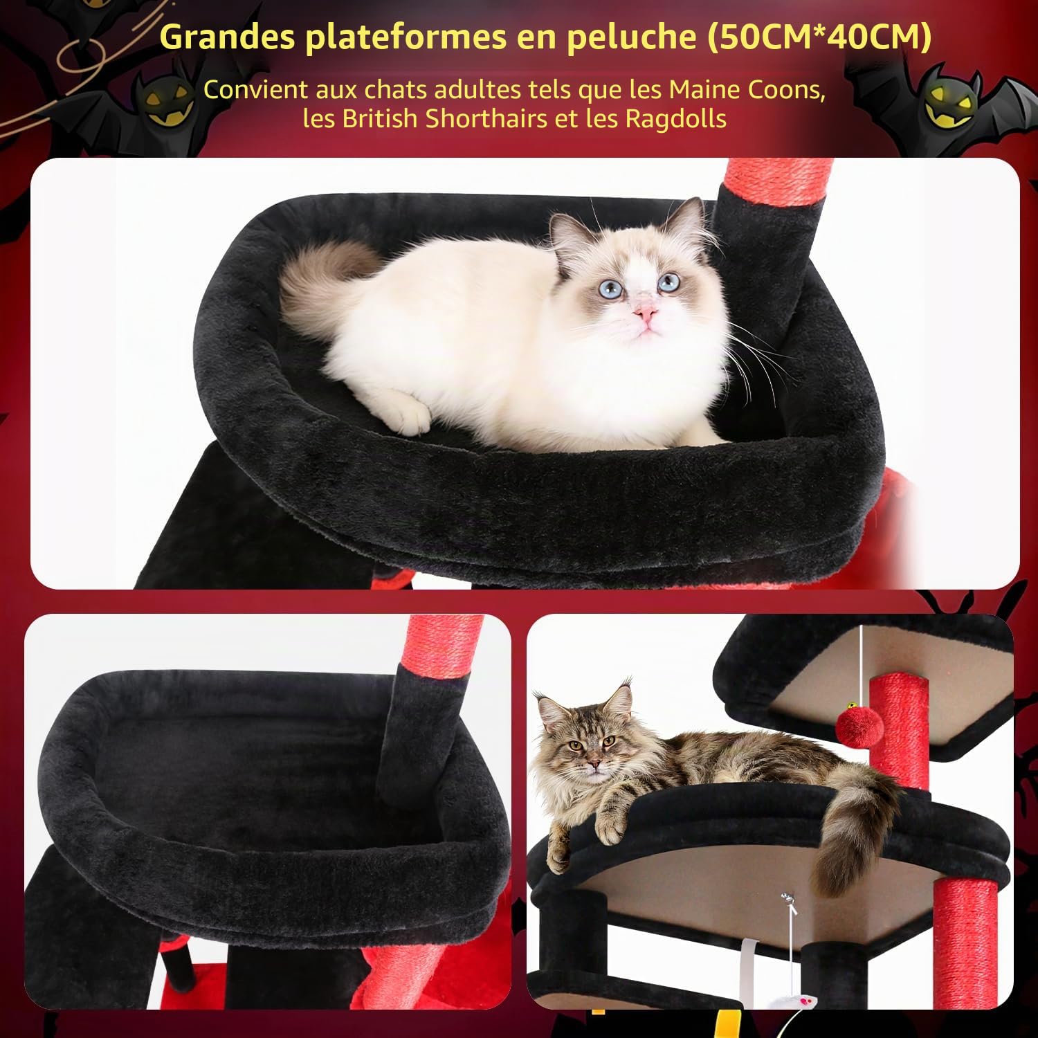 Globlazer Arbre a Chat Noir Rouge XXL 193 cm avec 2 Grande Niches, Immenso Hamac, Vaste Plate-Forme, 2 Panier, Perchoirs, Énorme Gothique Arbres à Chats Stable pour 3-5 Gros Chats (S76B, Noir Rouge)