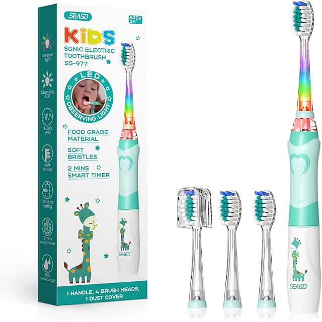Cepillo electrico infantil, Seago Cepillo de dientes infantil con luz de colores, 4 cabezal de recambio extra suaves, Temporizador de 2 minutos, Apto para niños mayores de 3 años SG977 verde